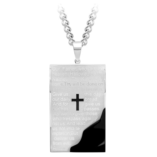 Online Exclusive! This bold and easy-to-wear style features a rectangular pendant fashioned from two-tone stainless steel with black ion-plated accents and with the Lord's Prayer displayed on the front side. A 24 inch curb chain with a lobster claw clasp is included. Celebrate your faith with this excellent pendant! Pendant measures 55mm long x 28mm wide. From our PRIMO Men's Jewelry® collection.