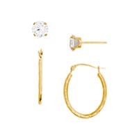 Waved Hoops and Cubic Zirconia Earring Set in 14K Yellow Gold