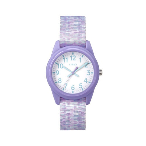 32Mm Youth's Timex Watch With White Dial And White/Purple Slip-Thru Bracelet