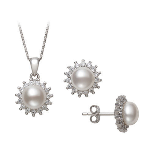 Freshwater Cultured Pearl and Created White Sapphire Pendant and Earrings Set in Sterling Silver