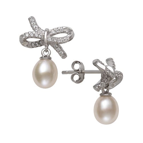 Freshwater Cultured Pearl and Created White Sapphire Bow Earrings in Sterling Silver