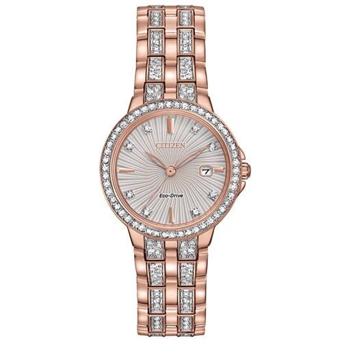 28mm Ladies' Citizen Eco-Drive® Crystal Watch with White Dial and Rose Gold-tone Bracelet -  EW2348-56AV