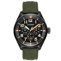 43mm Men's Citizen Eco-Drive Chandler Watch with Black Dial and Green Cordura Strap