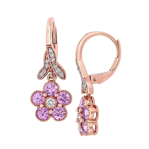 Pink Sapphire and 1/8 ct. tw. Diamond Flower Earrings in 14K Rose Gold -  Delmar, FMJ005469