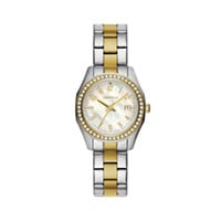 32mm Ladies' Caravelle Crystal Watch with Pearl Dial and Two-Tone Stainless Steel Bracelet