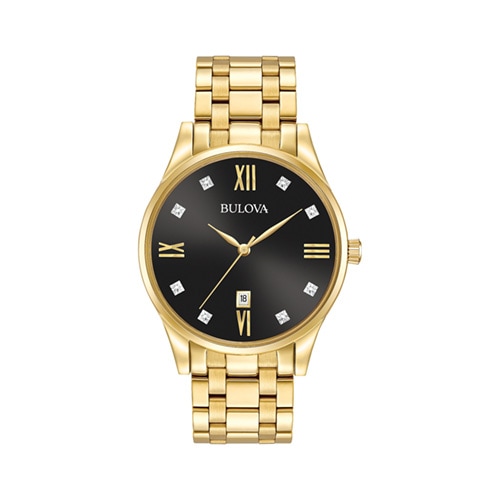 40mm Men' Bulova Diamond Dress Watch with a Black Dial and Yellow Gold-Tone Bracelet -  Citizen, 97D108V