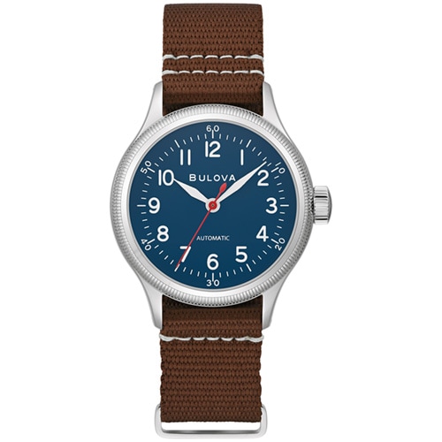 37mm Men's Bulova Automatic Military Watch with a Blue Dial and Brown Leather Strap -  Citizen, 96A282V