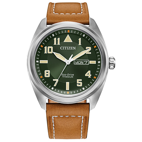 42mm Men's Citizen Eco-Drive® Sports Casual Watch with A green Dial and Brown Leather Strap -  BM8560-02XV