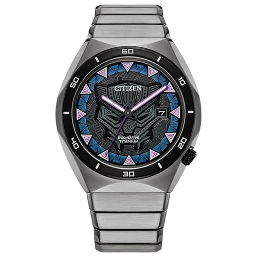 Men's Citizen Eco-Drive® Marvel Black Panther Watch with a Black Dial and Gray Bracelet -  AW1668-50WV