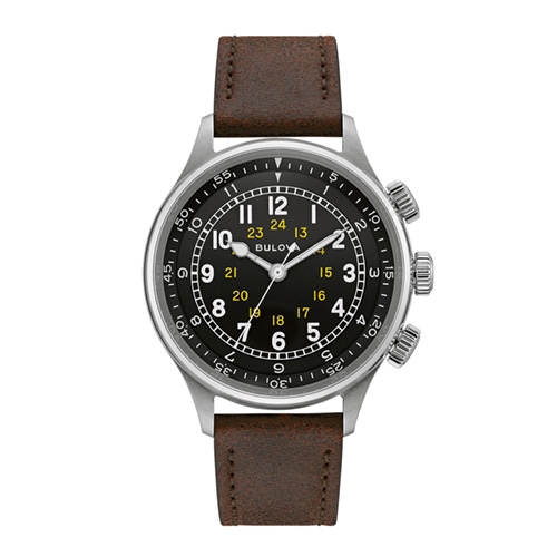 42mm Men's Bulova Military Watch with Black Dial and Brown Leather Strap -  Citizen, 96A245V