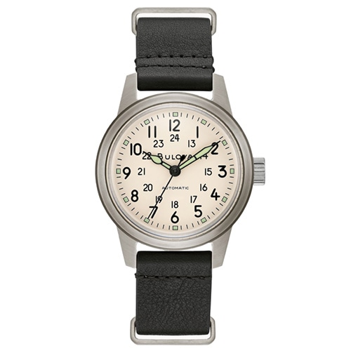 38mm Men's Bulova Hack Automatic Watch with Cream Dial and Black Leather Strap -  Citizen, 96A246V