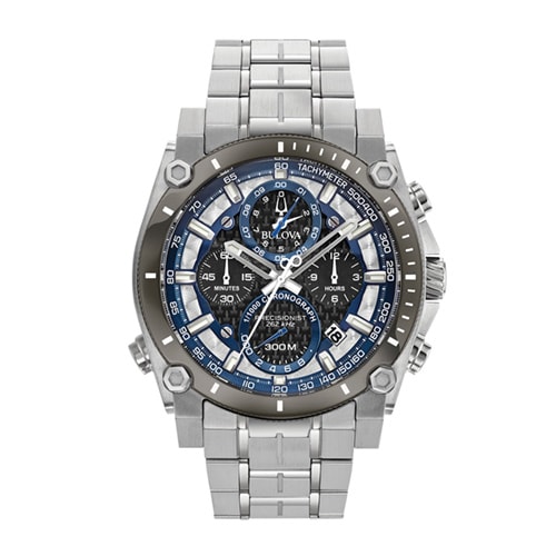 46mm Men's Bulova Precisionist Chronograph Watch with Black Dial and Silver-Tone Bracelet -  Citizen, 98B316V
