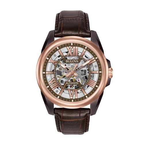 43mm Men's Bulova Automatic Dress Watch with Skeleton Dial and Brown Leather Strap -  Citizen, 98A165V