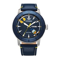 44mm Men's Citizen Eco-Drive Disney Donald Duck Watch with Blue Dial and Leather Strap