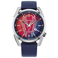 42mm Men's Citizen Eco-Drive Marvel Spiderman Watch with Red Dial and Blue Leather Strap