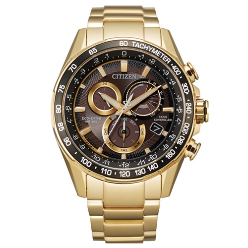 43mm Men's Citizen Eco-Drive® PCAT Watch with Black Dial and Yellow Gold-tone Bracelet -  CB5912-50EV