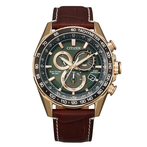 43mm Men's Citizen Eco-Drive® PCAT Watch with Green Dial and Brown Leather Strap -  CB5919-00XV