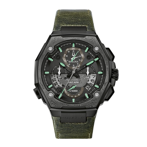 44mm Men's Bulova Precisionist Watch with Black Dial and Green Leather Strap -  Citizen, 98B355V