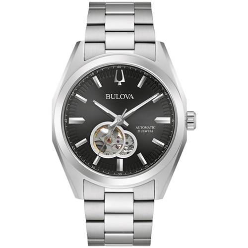 42mm Men's Bulova Surveyor Automatic Watch with a Black Dial and Silver-tone Bracelet -  Citizen, 96A270V