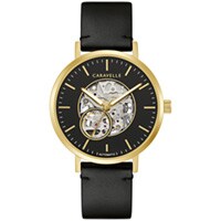 40mm Men's Caravelle Automatic Watch with a Black Dial and Black Leather Strap