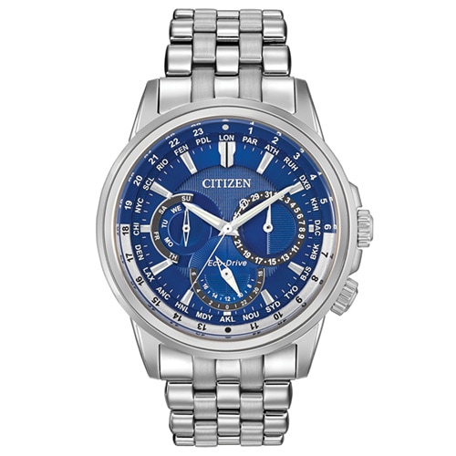 44mm Men's Citizen Eco-Drive® Calendrier Watch with Blue Dial and Silver-tone Bracelet -  BU2021-51LV