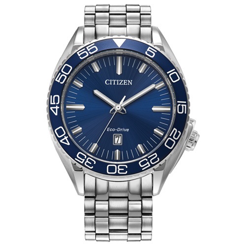 This handsome men's Citizen Eco-Drive® Sport Luxury watch features a 42mm silver-tone stainless steel case with a blue dial silver-tone hands and stick hour markers. Other features include a synthetic sapphire crystal protective window date display at 6 o'clock a silver-tone stainless steel bracelet with a fold over clasp and water resistance up to 100m/328ft. Model #AW1770-53LV. Store ID: 2512796