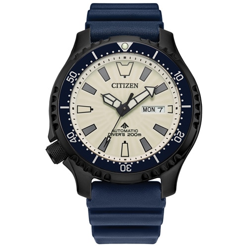 This fantastic men's Citizen Automatic Promaster Dive watch features a 44mm black stainless steel case with a white dial and stick hour markers. Other features include a synthetic sapphire crystal protective window day/date display at 3 o'clock a blue strap with a buckle clasp and water resistance up to 200m/656ft. Model #NY0137-09AV. Store ID: 2512986