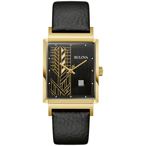 29mm Men's Bulova Frank Lloyd Wright Watch with a Black Dial and Black Leather Strap -  Citizen, 97A176V