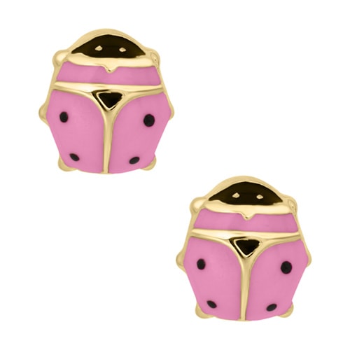 Child's Pink Ladybug Earrings in 14K Yellow Gold
