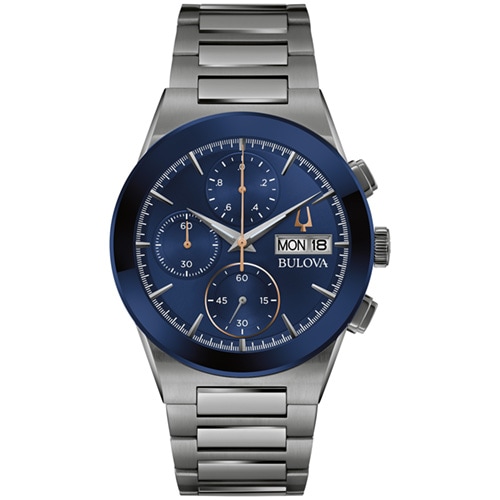 41mm Men's Bulova Modern Chronograph Watch with a Blue Dial and Gray Bracelet -  Citizen, 98C143V