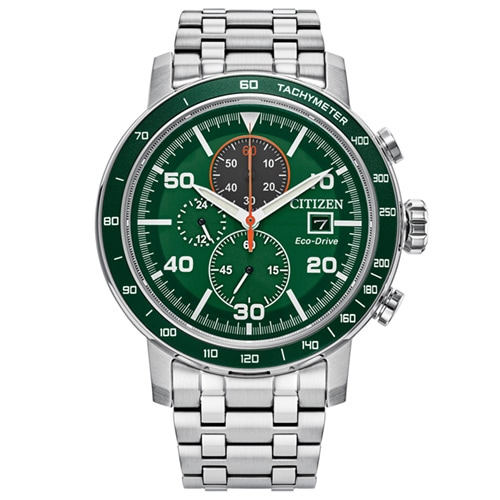 44mm Men's Citizen Eco-Drive® Chronograph Watch with a Green Dial and Silver-tone Bracelet -  CA0851-56XV