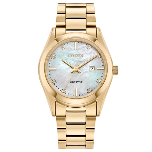 33mm Ladies' Citizen Eco-Drive® Watch with a White Mother-of-Pearl Dial and Gold-Tone Bracelet -  EW2702-59DV