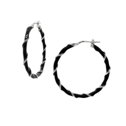 Black Enamel Hoop Earrings in Sterling Silver