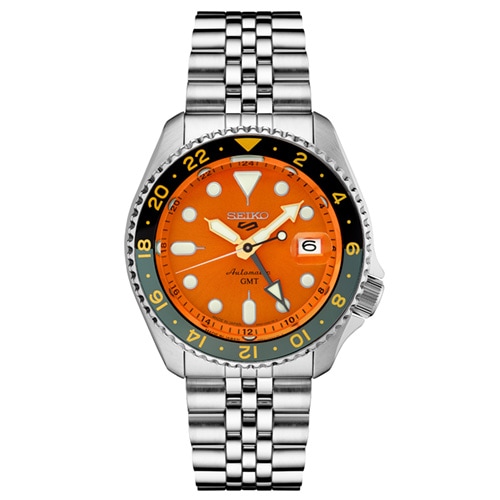 42mm Men's Seiko 5 Sports GMT Series Automatic Watch with an Orange Dial and Silver-Tone Bracelet -  Seiko/Pulsar, SSK005