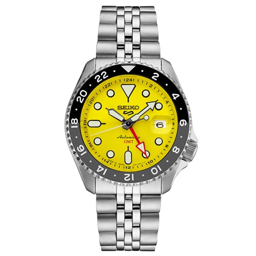 42mm Men's Seiko 5 Sports GMT Series Automatic Watch with a Yellow Dial and Silver-Tone Bracelet -  Seiko/Pulsar, SSK017