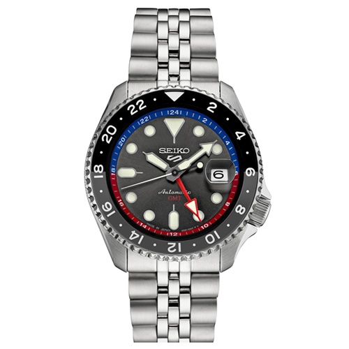 42mm Men's Seiko 5 Sports GMT Series Automatic Watch with a Black Dial and Silver-Tone Bracelet -  Seiko/Pulsar, SSK019