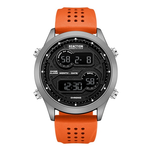 47mm Men's Kenneth Cole Reaction Digital Watch with a Black Dial and Orange Strap -  Geneva Watch Group Inc - Ecom Only, KRWGP7005503