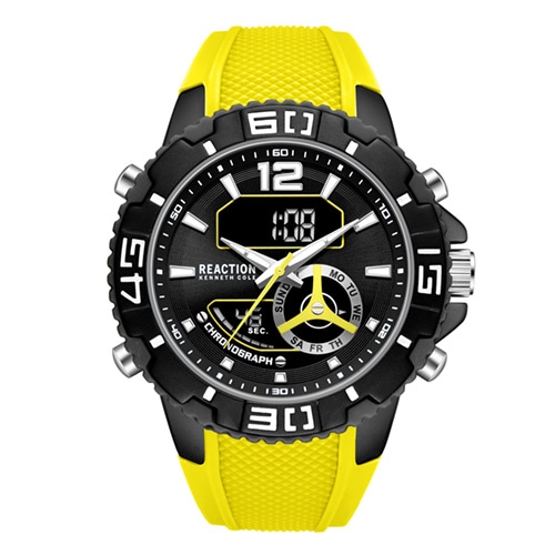 49mm Men's Kenneth Cole Reaction Analog-Digital Watch with a Black Dial and Yellow Strap -  Geneva Watch Group Inc - Ecom Only, KRWGP7005804