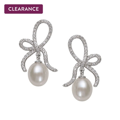 Freshwater Cultured Pearl and Created White Sapphire Ribbon Earrings in Sterling Silver