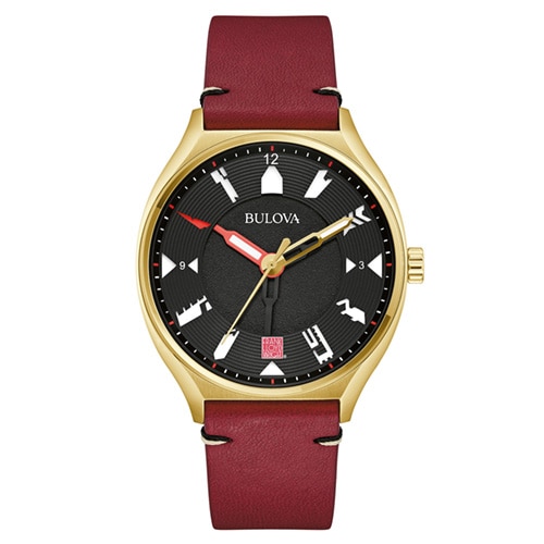 47mm Men's Bulova Frank Lloyd Wright Automatic Watch with a Black Dial and Burgundy Strap -  Citizen, 97A192V