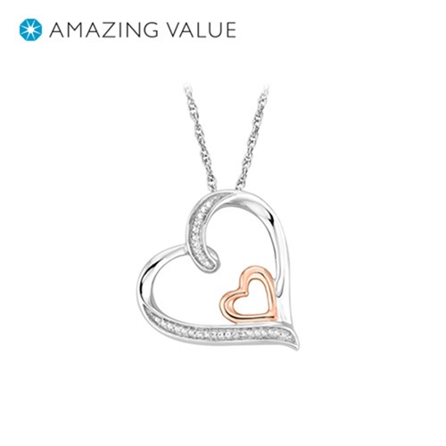 Diamond Double Heart Pendant in Sterling Silver and 10K Rose Gold Chain