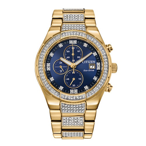 42mm Men's Citizen Eco-Drive® Crystal Watch with Blue Dial and Yellow Gold-tone Bracelet