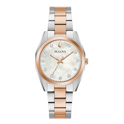 31mm Ladies' Bulova Surveyor Watch with a White Mother-of-Pearl Dial and a Two-Tone Bracelet