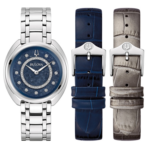 34mm Ladies' Bulova Duality Watch with a Blue Dial and Silver-Tone Stainless Steel Bracelet