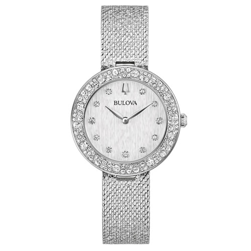 33mm Ladies' Bulova Crystal Watch with a Silver-Tone Dial and Silver-Tone Mesh Bracelet