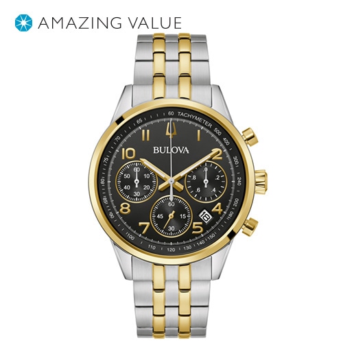 42mm Men's Bulova Chronograph Watch with a Black Dial and Two-Tone Bracelet