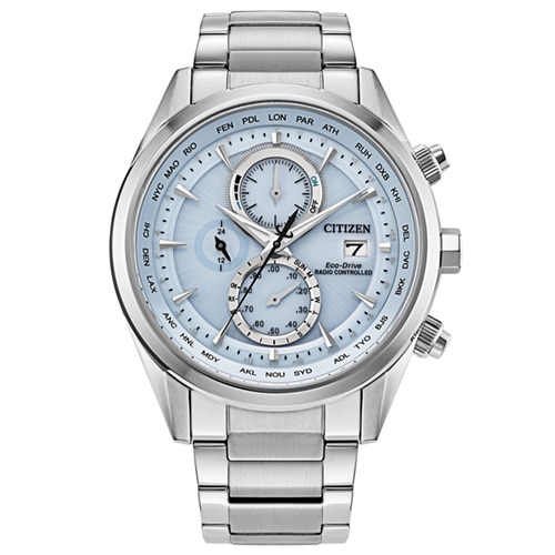 43mm Men's Citizen Eco-Drive® Sports Luxury Watch with a Blue Dial and Silver-Tone Bracelet