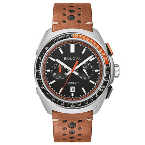 48mm Men's Bulova Chronograph Watch with a Black Dial and Brown Strap