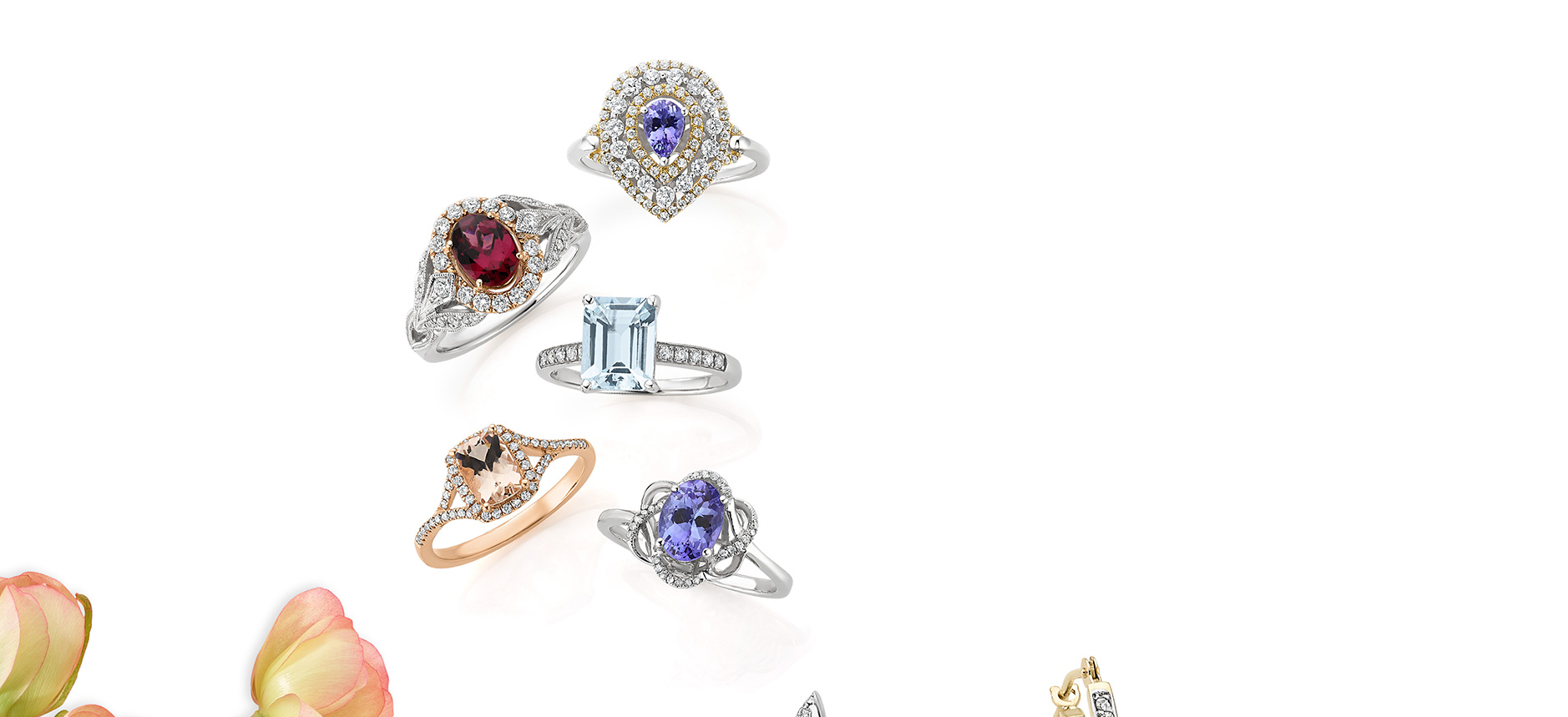 Five gemstone rings.