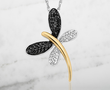 Black and White Diamond Accented Dragonfly Pendant in Sterling Silver and 10K Yellow Gold